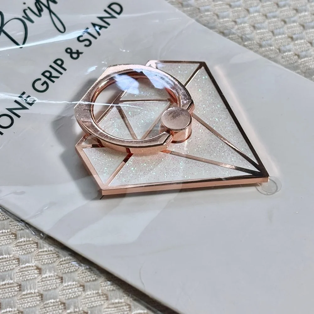 Glittery White Diamond Phone Grip and Kickstand with Rose Gold Toned Metal
